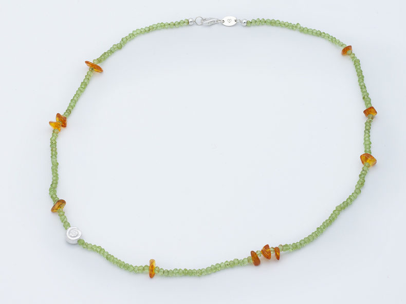 Peridot Necklace With Amber And Silver Element