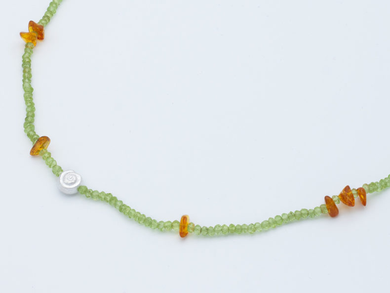 Peridot Necklace With Amber And Silver Element
