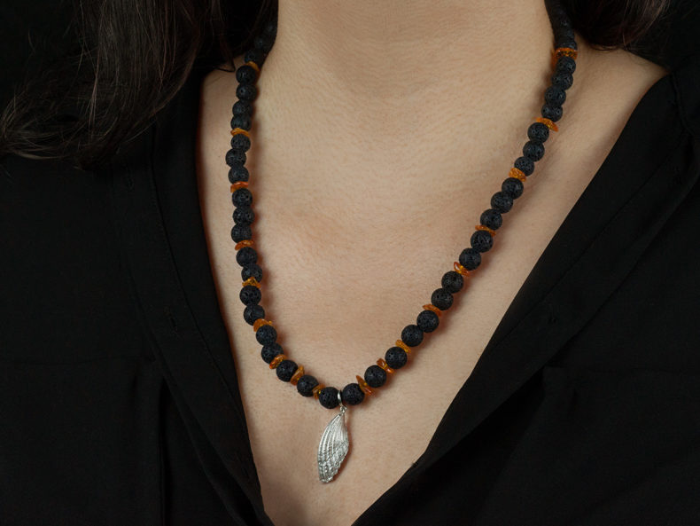 Lava Stone Amber Necklace with Silver Shell Segment Pendant